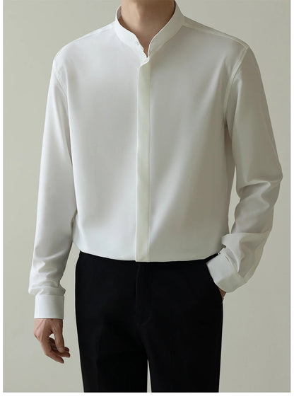 New Men Clothing Stand Collar Ice Silk Shirts