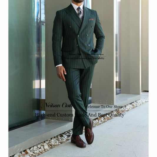 Green Stripe Male Prom Blazers 2 Pieces Sets Men's Suit