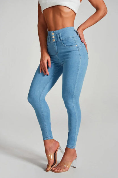 Three Buttons Splicing High Waist Pencil Jeans